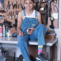 Sunny strips naked in her tool shop