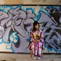 Asian Chiaki sucks cock showing her sexy legs under colorful kimono
