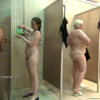 Curvy brunette with small tits showers inbetween two sluts