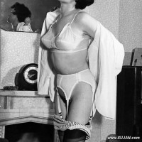 Vintage school student in black nylons strips