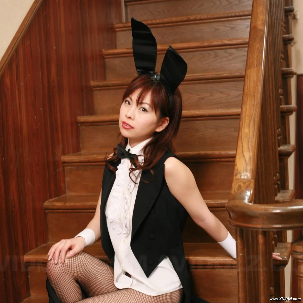 Nasty Ran Monbu bunny shows big boobs and trimmed pussy on stairs - Photo #187935