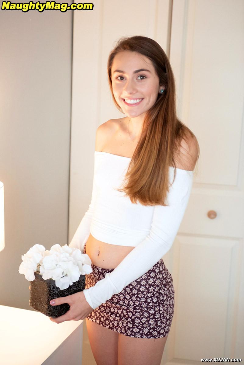 Teen amateur Mackenzie Mace uncovers her almost flat chest atop her bed - Photo #298257
