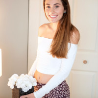 Teen amateur Mackenzie Mace uncovers her almost flat chest atop her bed