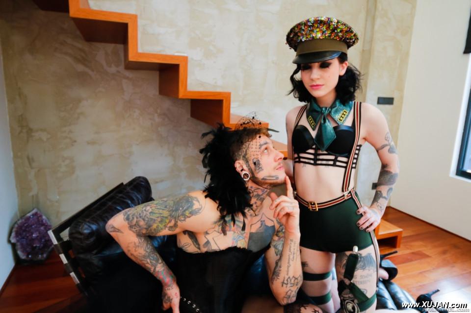 Tattooed brunette Charlotte Sartre is joined by crossdressing sissy Bo Sinn - Photo #306812