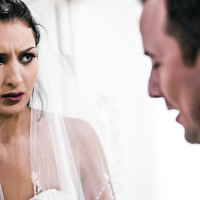 Darkhaired bride Bella Rolland receives an open mouth cumshot after fucking