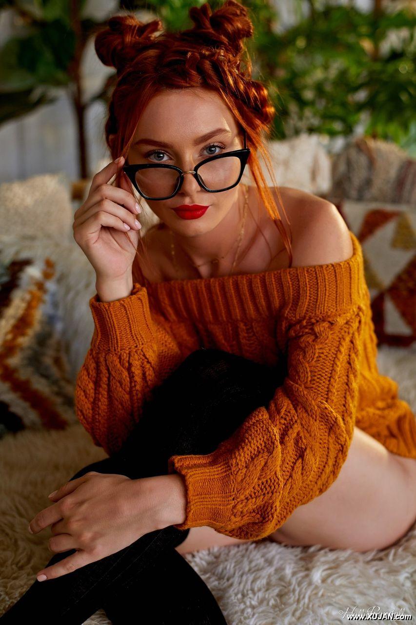 Sexy redhead Lacy Lennon arches her back while naked in black OTK socks - Photo #330396