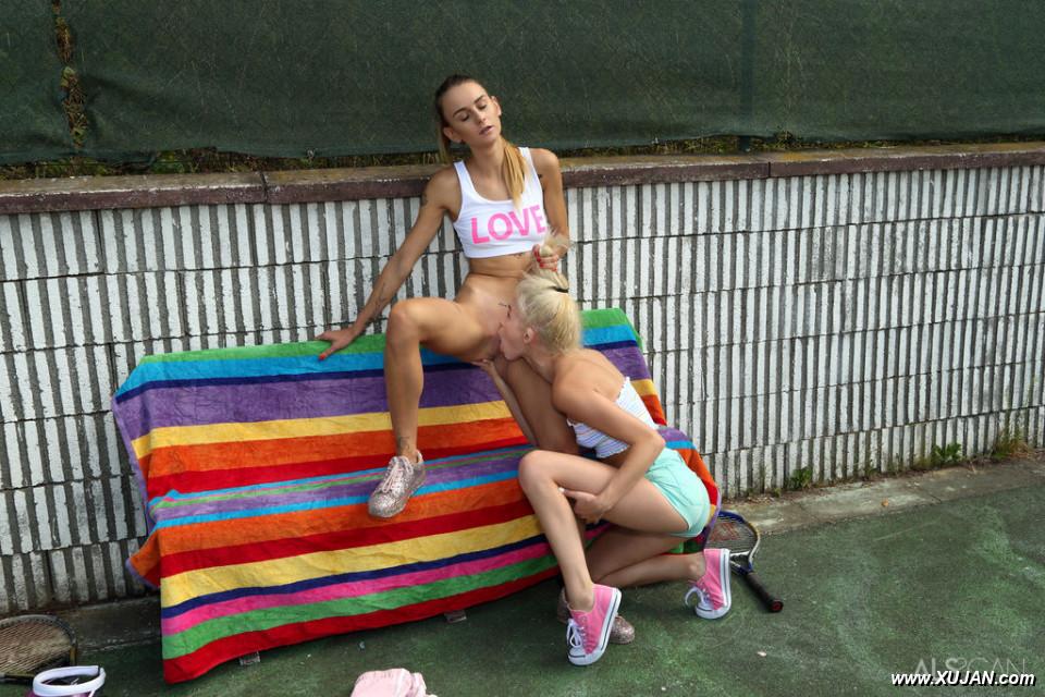 Young lesbians Adelle Unicorn Kiara Cole share a dildo after a tennis match - Photo #337083