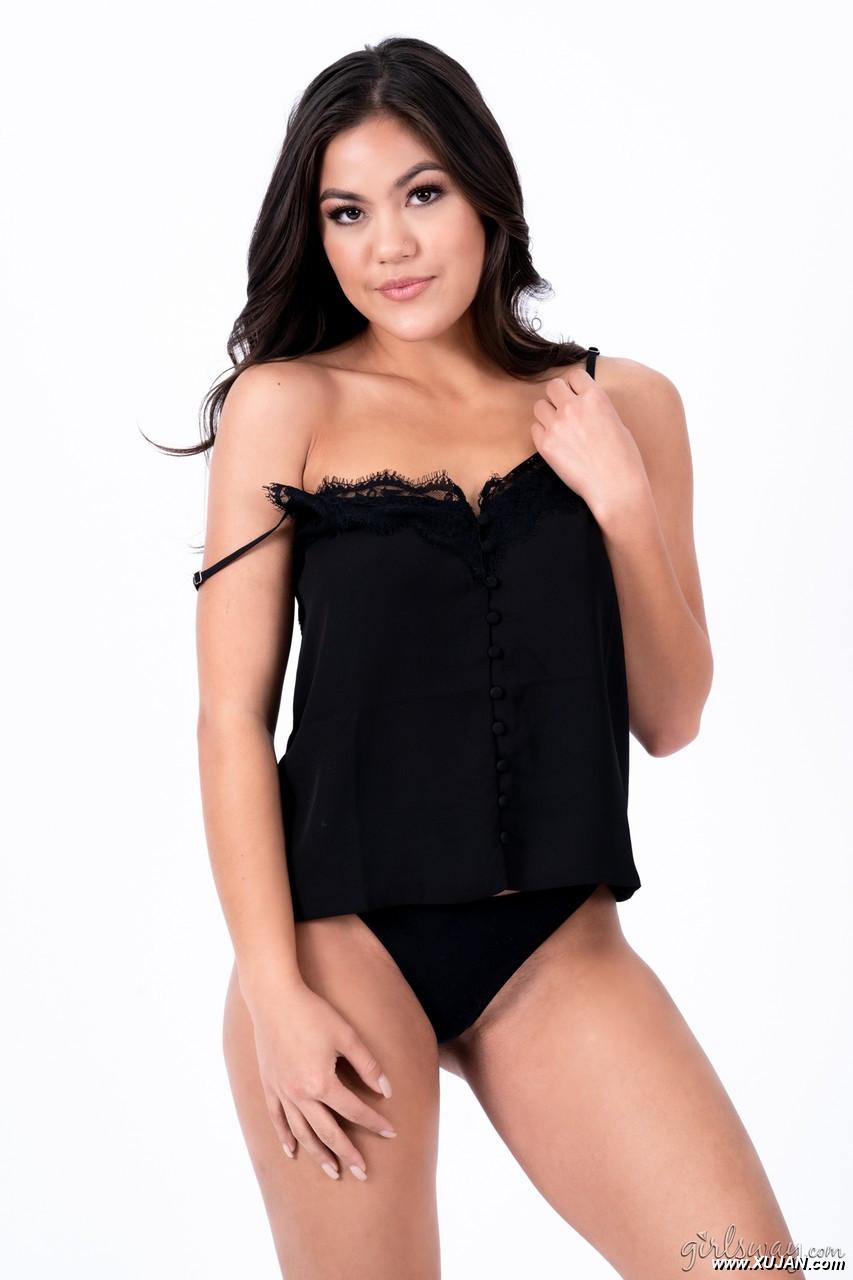 Asian solo girl Kendra Spade models black negligee and underwear - Photo #338419