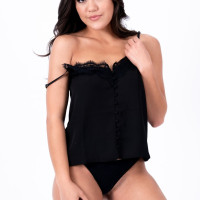 Asian solo girl Kendra Spade models black negligee and underwear