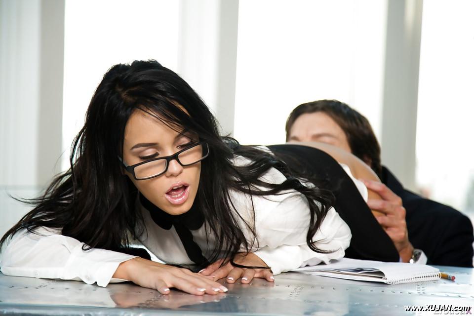 Glasses adorned brunette pornstar Megan Rain taking hardcore sex in office - Photo #345440