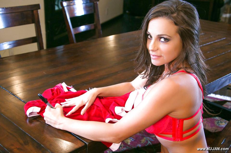 Brunette Abigail Mac stripping Christmas lingerie to show small hard nipples - Photo #353110