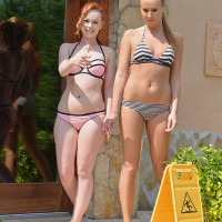 Bikini clad chicks Angel Blade Ella Hughes entice a man friend into a 3some