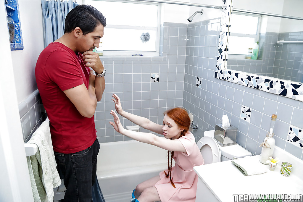 Natural redhead teen Dolly Little giving large dick CFNM oral sex in pigtails - Photo #409420