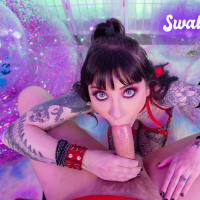 Tattooed bitch Charlotte Sartre in red bikini and stilettos swallows cock
