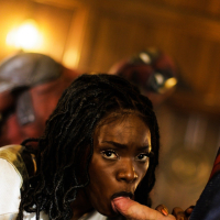 Black chick Ana Foxxx makes threesome porn with two guys in costumes