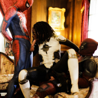 Black chick Ana Foxxx makes threesome porn with two guys in costumes