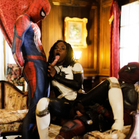 Black chick Ana Foxxx makes threesome porn with two guys in costumes