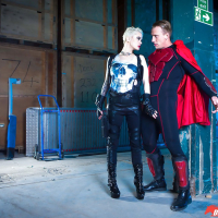 Cosplay attired Mila Milan baring big tits during hardcore fuck in leather
