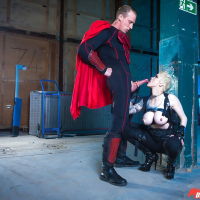 Cosplay attired Mila Milan baring big tits during hardcore fuck in leather