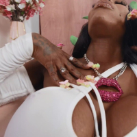 Curvy ebony Ebony Mystique in white dress bounces on a fresh black shaft