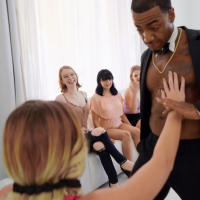 Blindfolded bride River Lynn being surprised with black strippers big cock