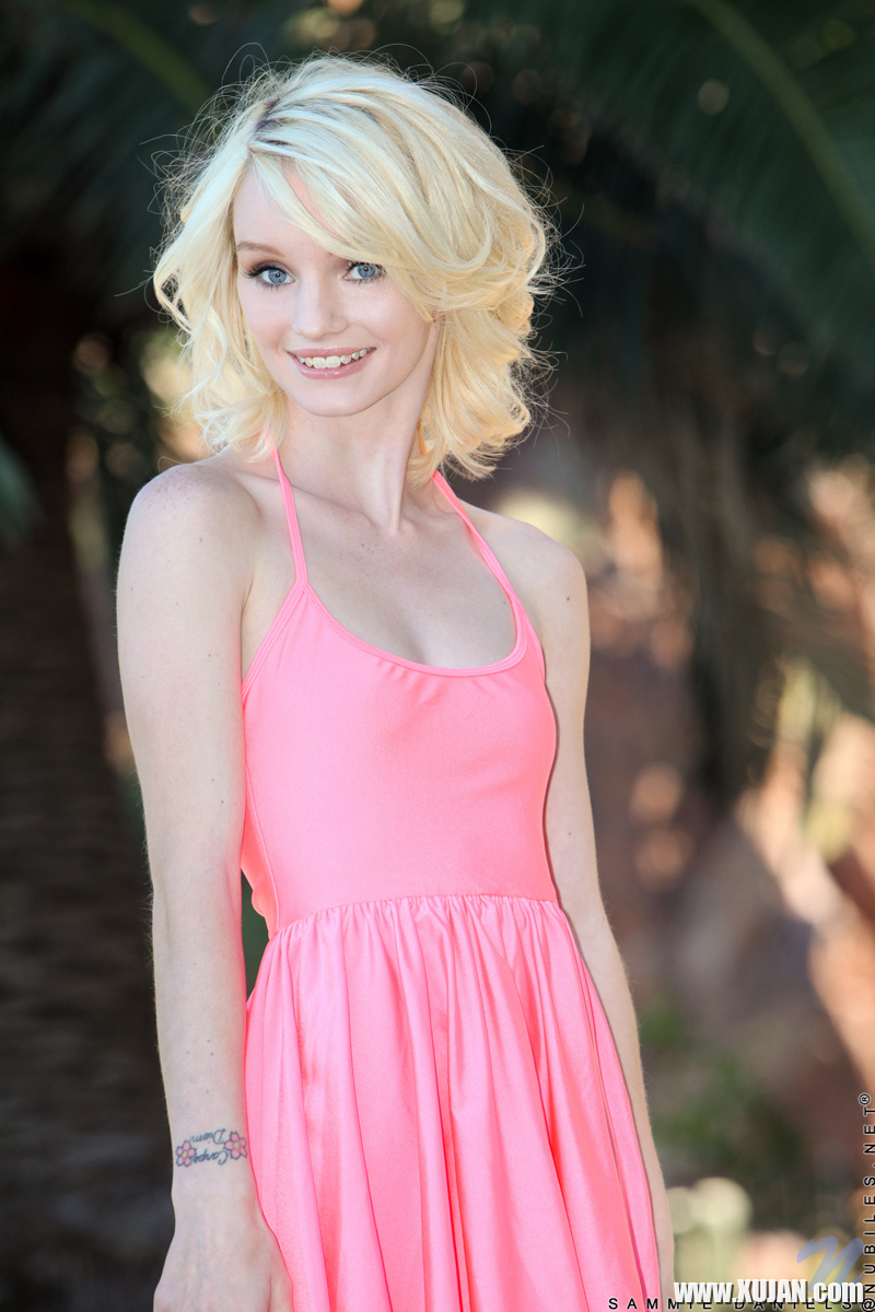 Tiny titted skinny teen Sammie Daniels doffs short dress to pose naked outside - Photo #464778