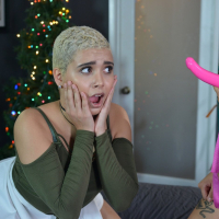 Short haired blonde Aaliyah Hadid gets her ass banged with a strap on