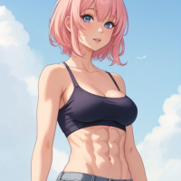 Abs Short pink hair blue eyes large boobs big camel toes