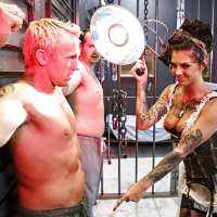 Bonnie Rotten is featured in a BDSM scene doing handjob and blowjob