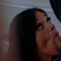 Lovely busty babe Mona Azar in black stockings bounces on a big dong