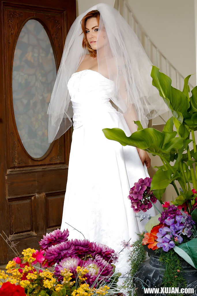 Slutty brunette bride Dahlia Sky showing off her trimmed bush - Photo #560562
