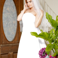 Slutty brunette bride Dahlia Sky showing off her trimmed bush
