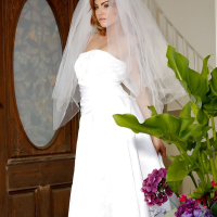 Slutty brunette bride Dahlia Sky showing off her trimmed bush