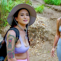 Hot chicks Jasmine Wilde and Kenzie Love share a bonder while hiking