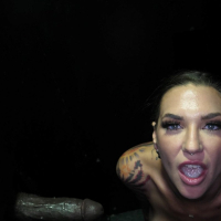 Busty alt beauty Rocky Emerson swallows loads during gloryhole blowbang