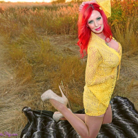 Shanda Fay in field showing Her Big Tits and Pussy