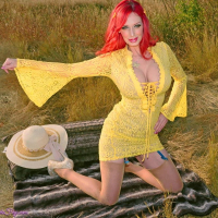 Shanda Fay in field showing Her Big Tits and Pussy