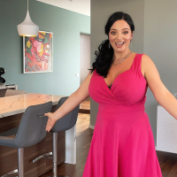 Curvaceous Joanna Bliss peels off pink dress and masturbates