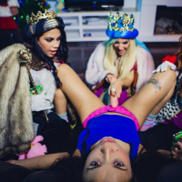 Horny Santa fucking Kesha Ortega and her BFFs
