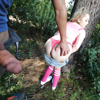 Amateur slut Aiden Starr getting banged in the woods wearing knee socks