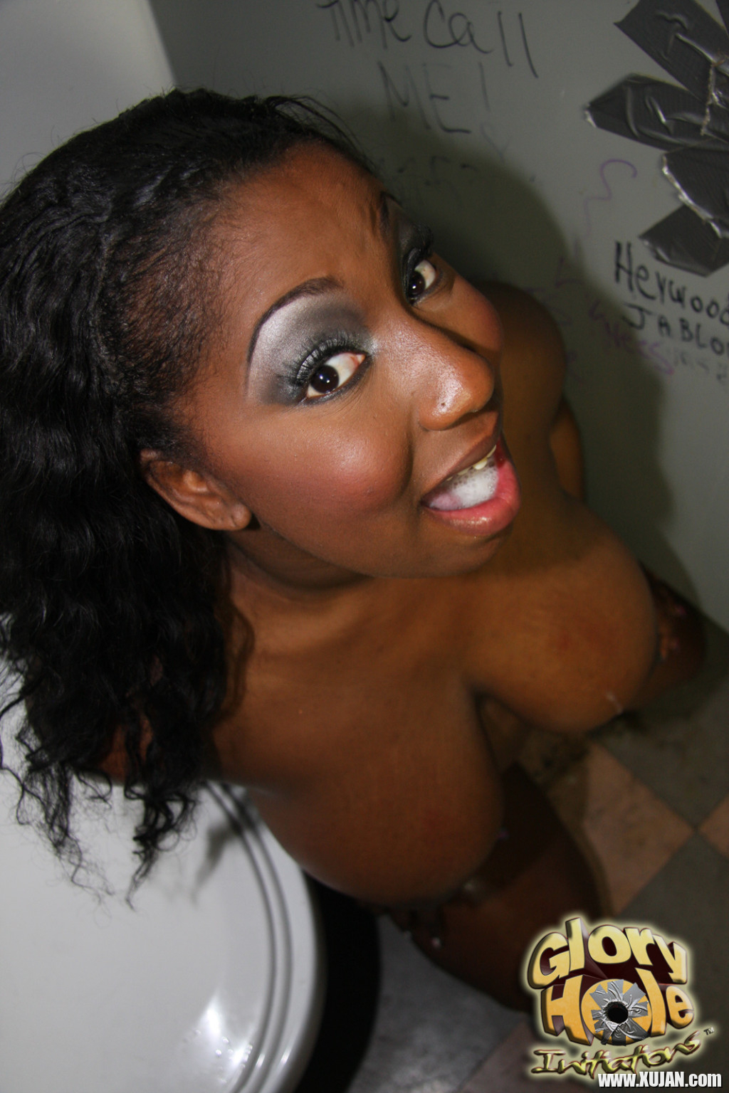 Busty black girl getting a sexy glory hole blowjob and cum - Photo #627767