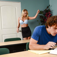 Blonde cougar Katie Morgan seducing student by going topless in class