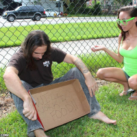 Sexy babe Sasha Foxxx stroking a homeless