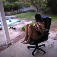 Leggy brunette MILF Jennifer Dark chained to office chair during rough sex