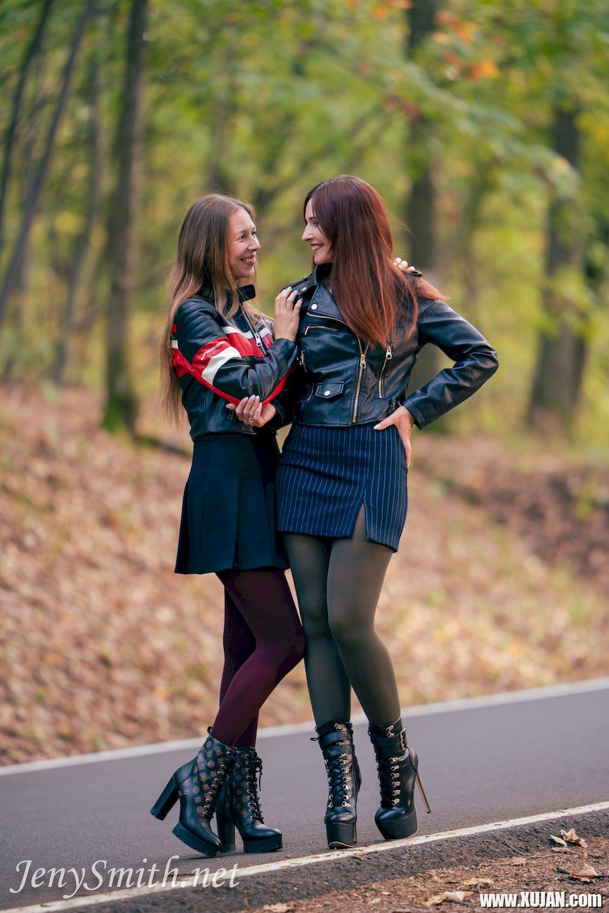 Hot Jeny Smith and her friend posing in pantyhose outdoors - Photo #745422
