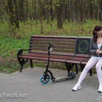 Sexy hottie Jeny Smith posing in white pantyhose outdoors