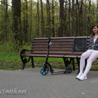 Sexy hottie Jeny Smith posing in white pantyhose outdoors