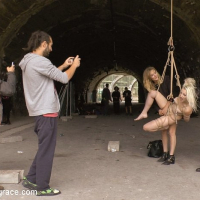 Liz Rainbow blonde nympho is bound and publicly doube fucked wit