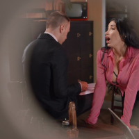 Busty brunette chick Clea Gaultier gets double teamed by lucky dudes