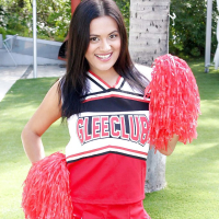 Young cheerleader babe Selma Sins sliding a finger inside warm cunt